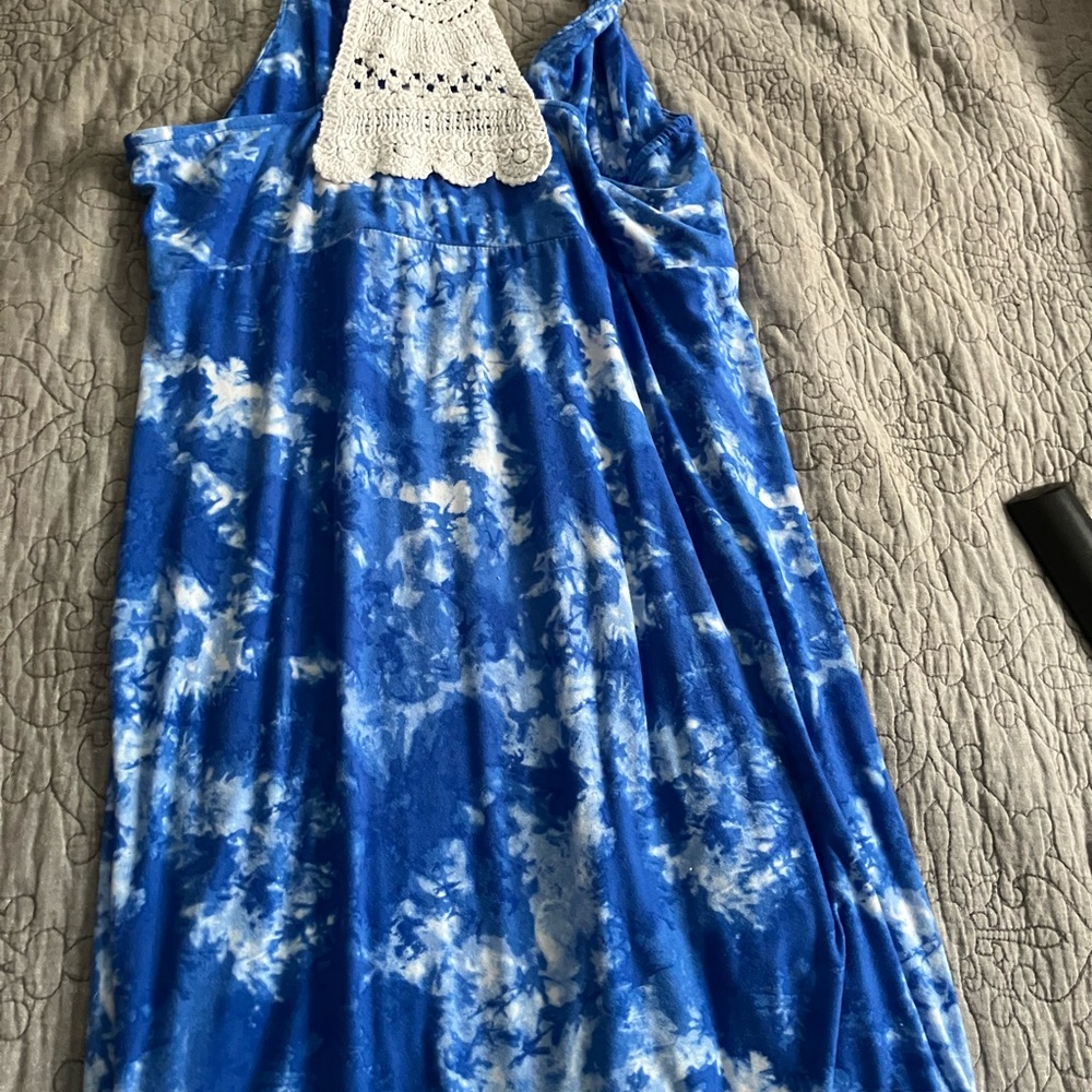 Blue Tie-Dye Dress with Lace Detail